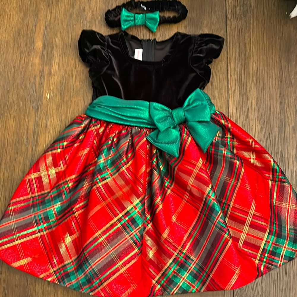 Bonnie Jean Holiday Christmas Dress - Classic Plaid with velvet headband 24M